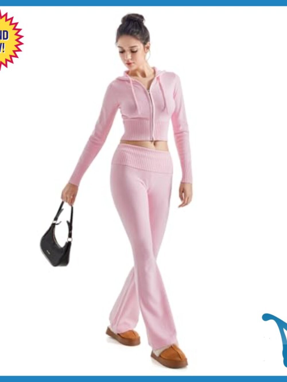 Cropped Zip Hoodie & Flare Pants Set, Knit Activewear, Slim Fit - Picture 4 of 7